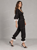 Elegant Lace Trim Blazer & Ruffle Hem Pants Set