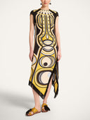 Retro Geometric Print Fringe Trim Asymmetrical Midi Dress