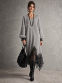 Lace Trim V-Neck Sweater Maxi Dress