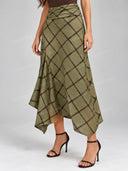 Elegant Plaid Print Jacket & Asymmetric Midi Skirt Two Piece Set