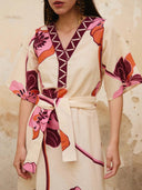 Boho Large Floral Print V‑Neck Belted Fringe Midi Dress
