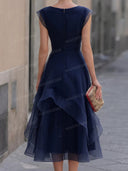 Elegant Organza Pleated Waist Ruffle Midi Dress