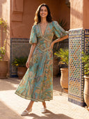 Unique Satin Vintage Floral Print Puff Sleeve Midi Dress