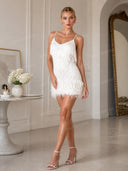 Elegant Sequin Fringe Feather Trim Mini Dress