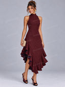Elegant Knit Asymmetric Ruffle Midi Dress