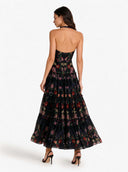 Elegant Backless Printed Layered Chiffon Flowing Maxi Dress