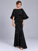 Elegant Feather Trim Cape Sleeve Mermaid Maxi Dress