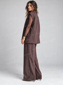 Tailored Blazer Vest Mesh Bodysuit Wide Leg Pants Three Piece Set