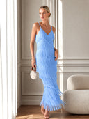 Elegant V-Neck Tiered Fringe Maxi Dress