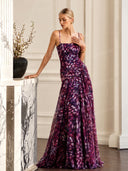 Elegant Abstract Print Ruched Spaghetti Strap Maxi Dress