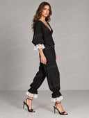 Elegant Lace Trim Blazer & Ruffle Hem Pants Set