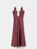 Elegant Satin Lace-Trim Deep V-Neck Midi Dress