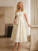 Elegant Floral Textured Puff Sleeve Midi Dress