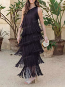 One Shoulder Tiered Fringe Maxi Dress