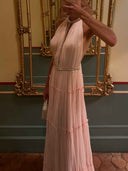 Rhinestone Halter Neck Tiered Pleated Shiny Maxi Dress