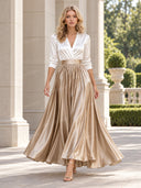 Elegant Satin Bodysuit & Pleated Flowy Party Two-Piece Set