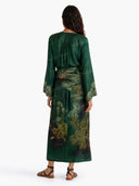 Fashionable Printed Satin Wrap Midi Dress