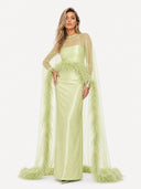 Elegant Feather Trim Chiffon Shawl Black Satin Maxi Dress