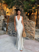 Exquisite Modern Day Glam Satin Lace Trim V-neck Cross Back Maxi Dress