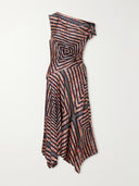 Asymmetric Off‑Shoulder Geometric Print Satin Midi Dress