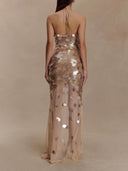 Elegant Iridescent Sequin Halter Neck Evening Maxi Dress