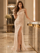 One-Shoulder Sequin High Slit Maxi Dress
