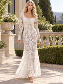 Exquisite Lace Square-neck Long-sleeved Maxi Dress