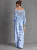 Open Knit Sweater & Wide Leg Pants Set