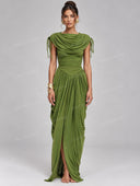 Elegant Draped Neck Ruched Split Maxi Dress