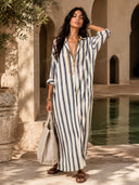 Deep V-Neck Stripe Printed Shirt Dress