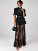 Belted Blazer & Sheer Lace Maxi Dress Two Piece Set