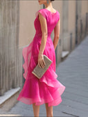 Elegant Organza Pleated Waist Ruffle Midi Dress