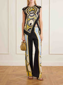 Retro Geometric Print Tassel Trim Asymmetric Top & Pants Two-Piece Set