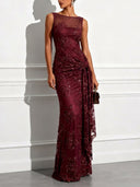 Elegant Floral Embroidered Mesh Ruched Maxi Dress