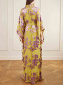 Elegant High Neck Flocked Floral Tie-Waist Kaftan Dress