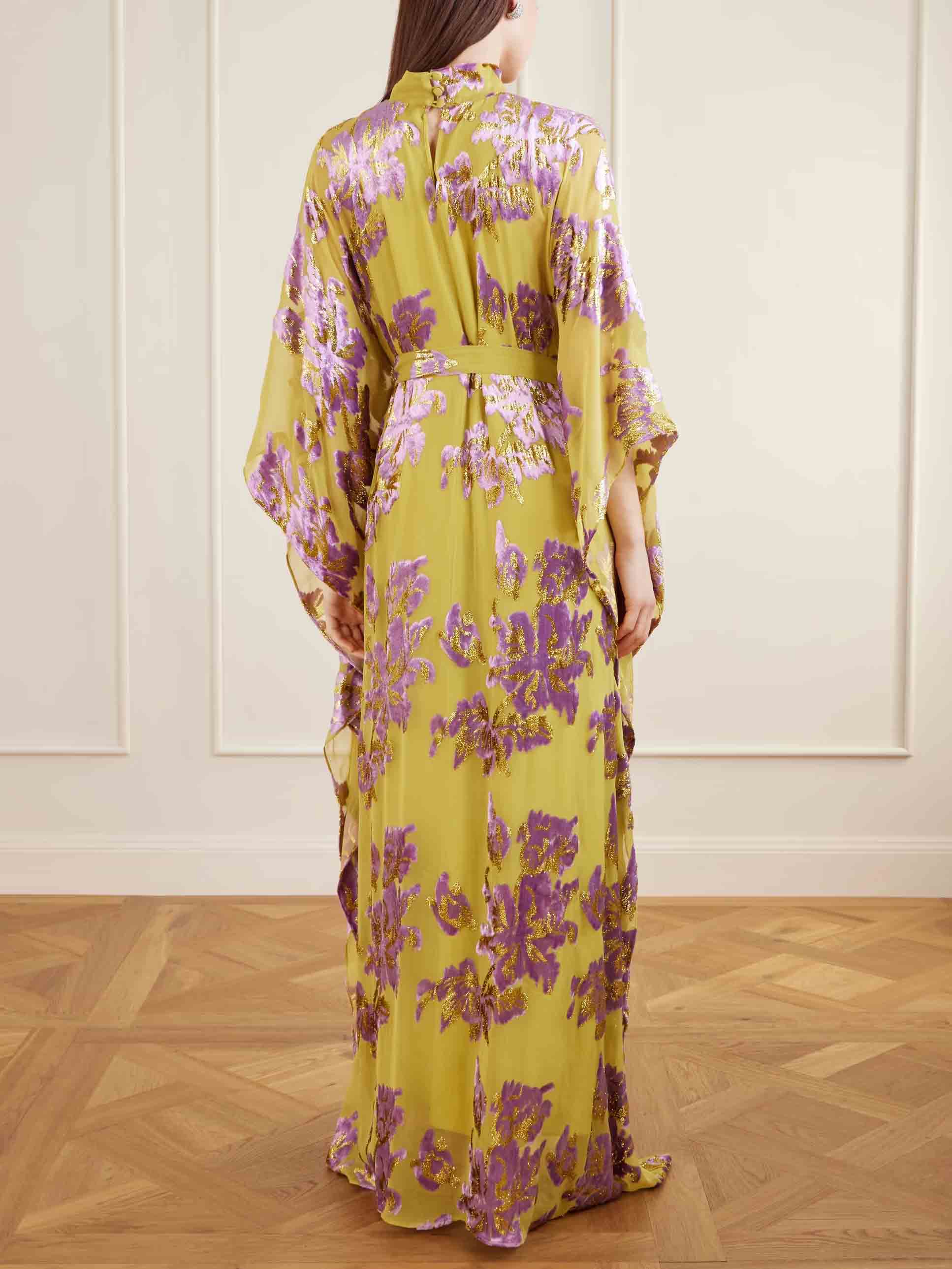 Elegant High Neck Flocked Floral Tie-Waist Kaftan Dress