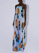 Elegant Floral Print Strapless Pleated Maxi Dress