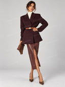 Sheer High Neck Blouse &Crocodile Embossed Midi Skirt Set