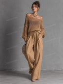 Open Knit Sweater & Wide Leg Pants Set