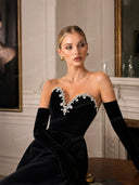 Elegant Strapless V-Neck Rhinestone-Embellished Mini Dress