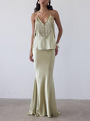 Elegant Fringe Shawl Top & Satin Maxi Skirt Three-Piece Set