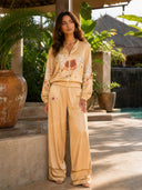 Exquisite Satin Horse Print Zip Jacket & Wide-Leg Pants Two-Piece Set