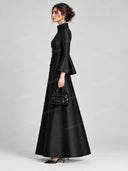 Elegant High Neck Button Front Flared Sleeve Maxi Dress