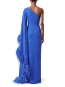 Elegant Feather Trim One Shoulder Slit Maxi Dress