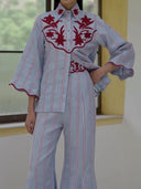 Embroidered Stripe Shirt & Flared Pants Two-Piece Set