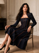 Elegant Piping Square-Neck Belted Midi Dress