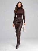 Mock Neck Bodysuit and Faux Leather Maxi Skirt Two Piece Set