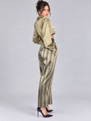 Elegant Satin Cropped Blazer & Striped Wide Leg Pants Set