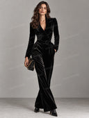 Elegant Velvet Belted Blazer Wide Leg Jumpsuit