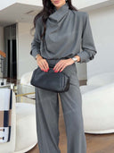 Minimalist Draped High Neck Top & Tailored Straight Leg Pants Set
